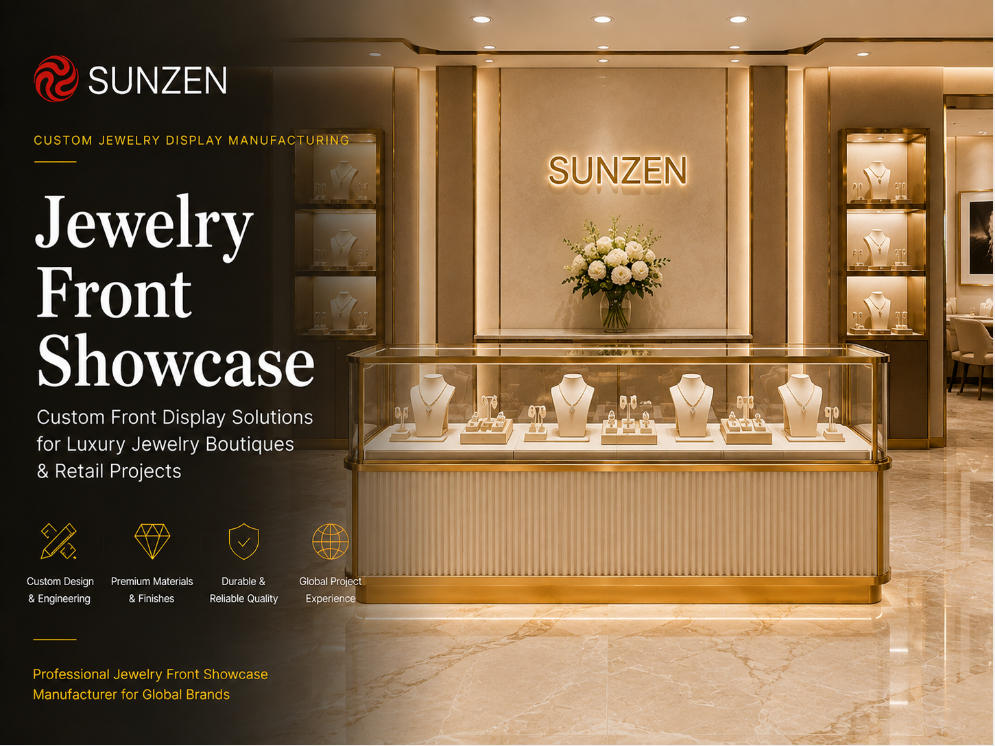 Luxury custom jewelry front showcase manufactured by SUNZEN for boutique entrance displays
